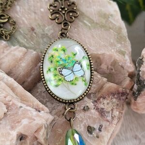 Elegant Brass Victorian Inspired Butterfly Floral Pendant Necklace